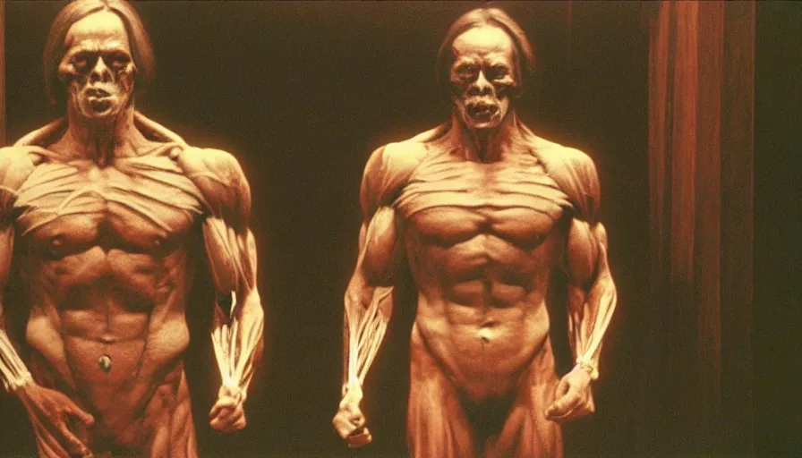 Image similar to 7 0 s film still from a horror movie with muscular human anatomy, kodachrome, cinecolor, cinestill, photorealism, cinematic, film grain, film texture, vhs recording