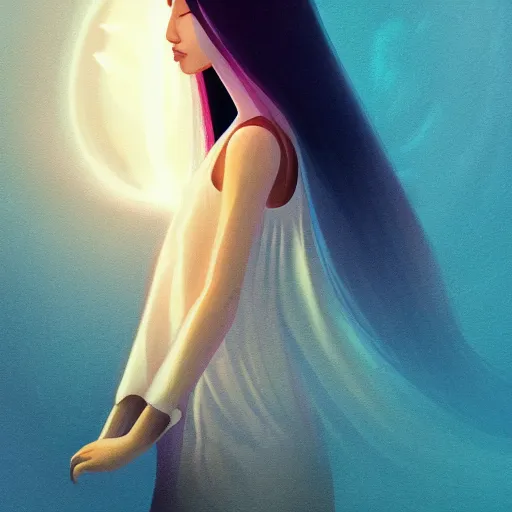 Prompt: a thin, pretty young Filipino woman with long hair floats in a dream world, beautiful dramatic lighting, abstract, trending on artstation