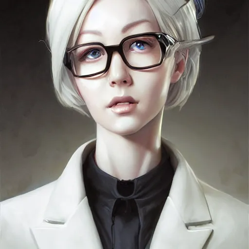 Prompt: a bust portrait of a scientist android girl with silver hair wearing white suit and glasses by artgerm and wlop and krenz cushart and stephan martiniere, painterly