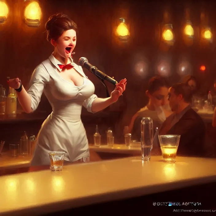 Image similar to a waitress singing on a table in a bar, elegant, real life skin, intricate artwork, high detailed, artstation, concept art, smooth, sharp focus, art by artgerm and greg rutkowski