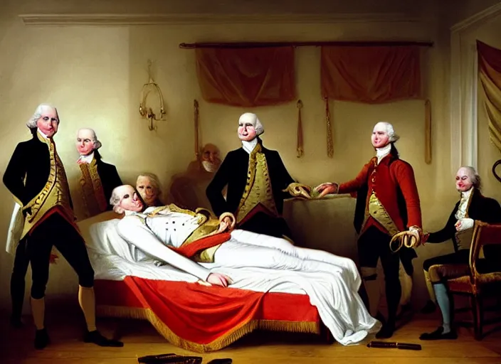 Image similar to oil painting Life of George Washington Deathbed but everyone is looking at glowing iPhones