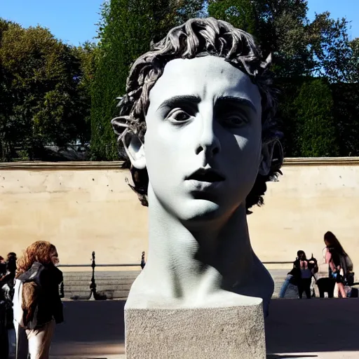 Prompt: the giant sculpture of Timothee Chalamet's head outside of the Louvre