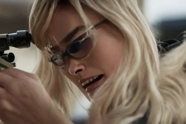 Image similar to margot robbie in the american sniper, closeup action shot, looking into the scope, cinematic