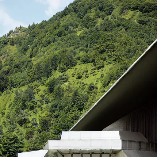 Prompt: lush and beautiful green mountain landscape, with a brutalist futuristic building, architecture, unpainted concrete, swiss alps, dolomites, by aalto alvar, by ando tadao, by chipperfield david, frank lloyd wright, by peter zumthor