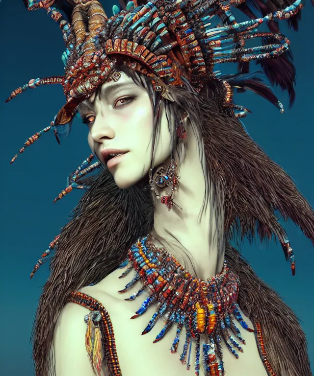 Prompt: a demon wearing beaded necklace and a feathered headdress, crisp 8 k line art, digital painting, artstation, unreal engine, octane render, emissive lighting, concept art, matte, sharp focus, hyper realistic lighting, illustration, art by junto ito and takato yamamoto and philippe druillet