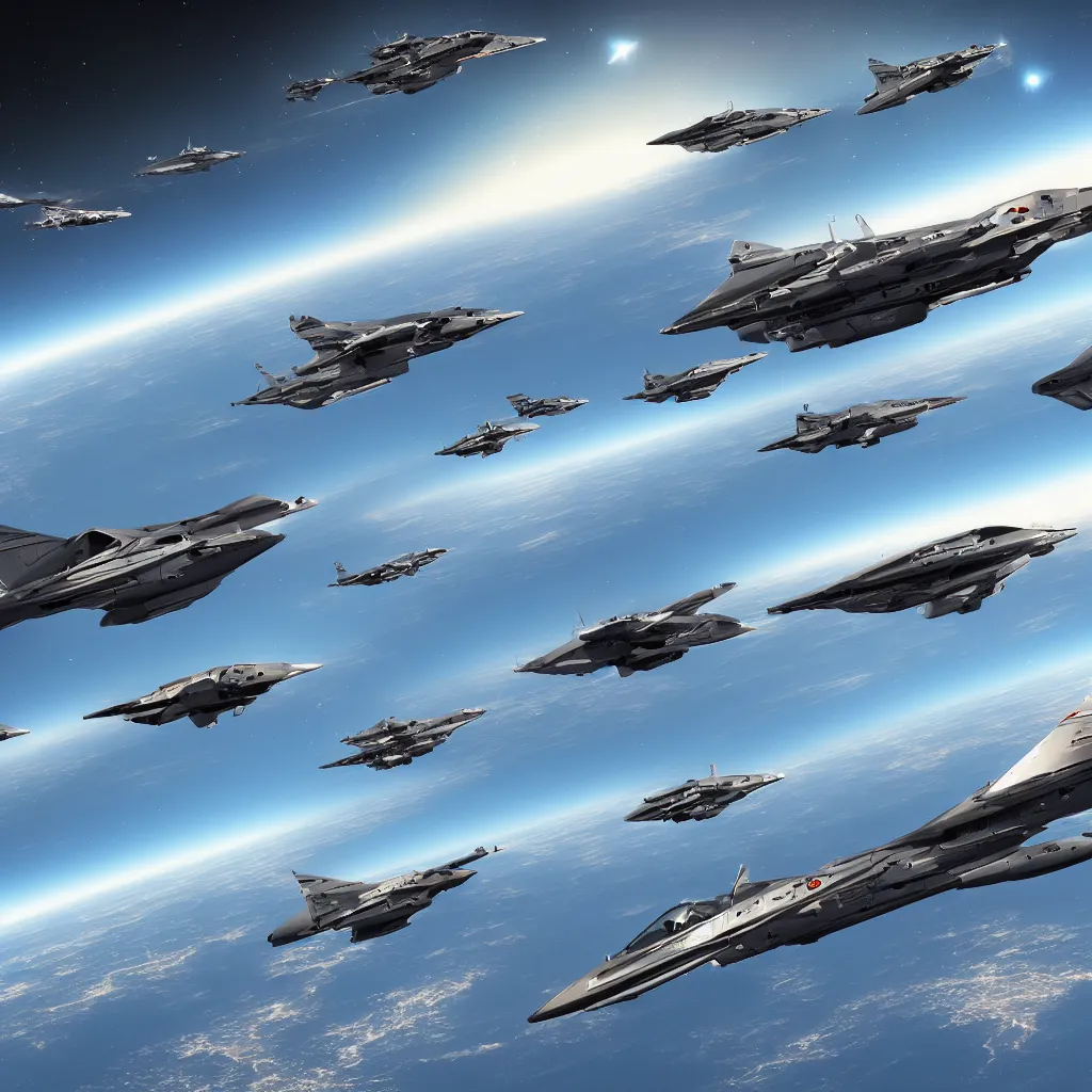 Image similar to fleet of fighter spacecrafts, hyper realistic, 4 k