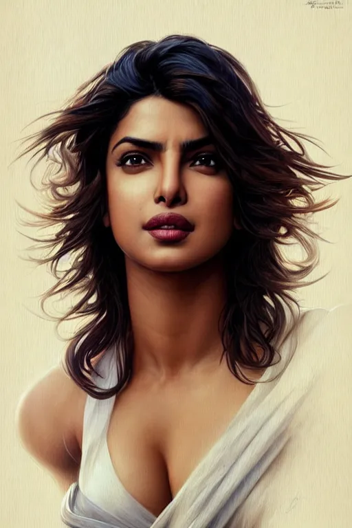 Image similar to beautiful priyanka chopra in least clothes, realistic portrait, symmetrical, highly detailed, digital painting, artstation, concept art, smooth, sharp focus, illustration, cinematic lighting, art by artgerm and greg rutkowski and alphonse mucha