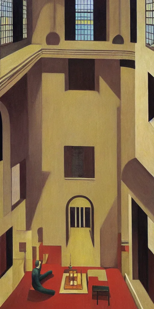 Prompt: grandiose atrium, grant wood, pj crook, edward hopper, oil on canvas