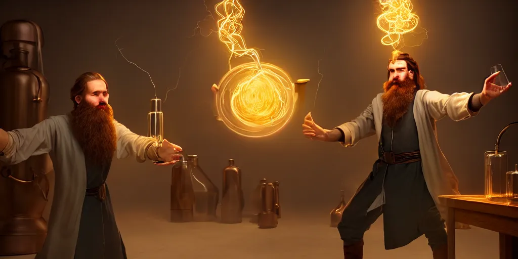 Image similar to a handsome bearded caucasian male sorcerer with brown hair he is casting a spell with flowing energy, he is in a alchemist lab filled with beakers and equipment, neutral pose, epic composition, 4 k, light rays, by dave melvin 1. 0 | dan luvisi 1. 0 | jason chan 2. 5