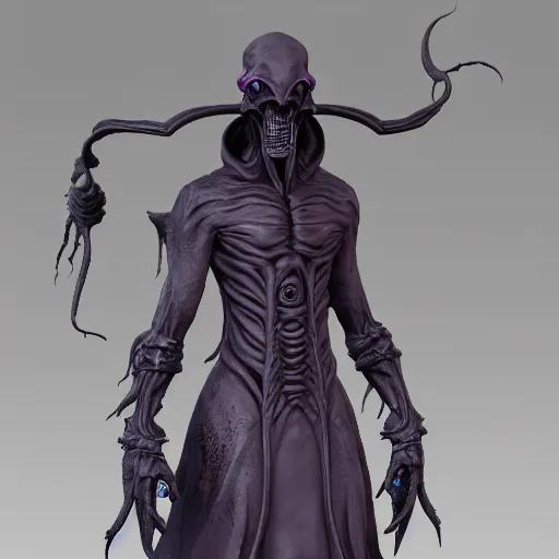 Image similar to photo of a cenobite lich illithid drow dark elf sorceror necromancer leather rendered in zbrush