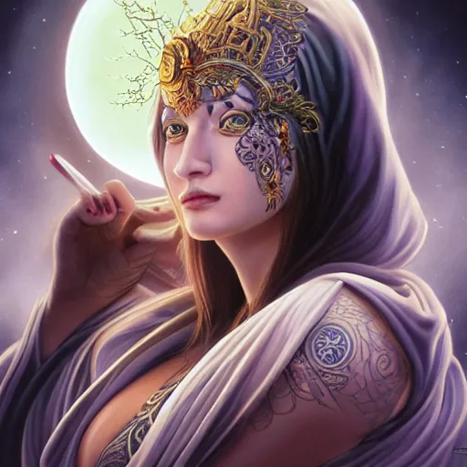 Image similar to portrait painting of a beautiful moon goddess, wearing a dark hooded robe, sacred tattoos on her face, smirking, holding a giant astral scyther, moon colours, glowing reality, ultra realistic, concept art, intricate details, mystical, highly detailed, photorealistic, octane render, 8 k, unreal engine. art by artgerm and greg rutkowski and alphonse mucha