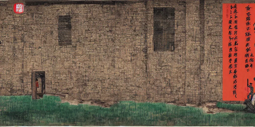 Image similar to a chinese prison near a river by peter doig, overlaid with chinese adverts