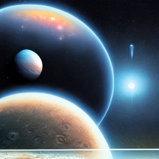 Image similar to sunrise from jupiter while an alien civilization is constructed in the background, matte painting