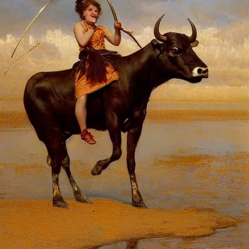 Image similar to a young girl killing a bull in a fight, highly detailed painting by gaston bussiere and j. c. leyendecker 8 k