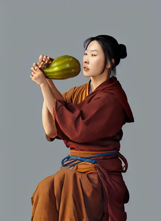 Image similar to full portrait of a female monk drinking from a wine gourd by wlop, wuxia, xianxia, drunken boxing, drunken fist, drunken master, weathered olive skin, athletic, playful, fully clothed, monk's robe, wine gourd, detailed, realistic, anatomically accurate, fantasy illustration, artstation, wlop.