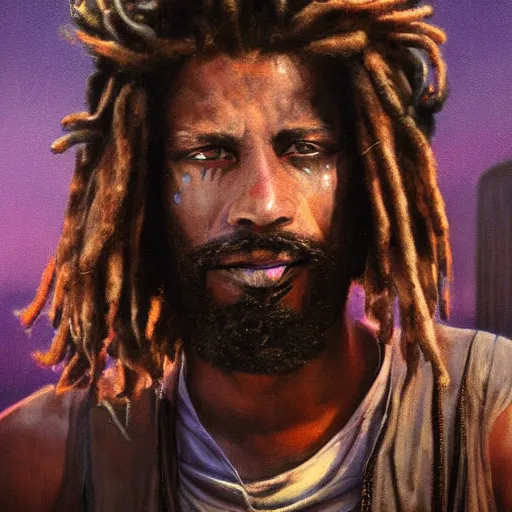 Image similar to cyberpunk, closeup portrait of a shaggy cyberpunk rastafarian, tired, stubble beard, washed up, dramatic light, city background, sunset, dystopian setting, high contrast, sharp, neuromancer, henry dorsett case, painted by stanley lau, painted by greg rutkowski, painted by stanley artgerm, digital art, trending on artstation