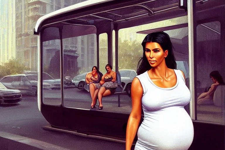 Prompt: pregnant kim kardashian in a white tank top leaning sat at a bus stop, realistic portrait, symmetrical, highly detailed, digital painting, artstation, concept art, smooth, sharp focus, illustration, cinematic lighting, art by artgerm and greg rutkowski and alphonse mucha