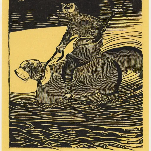 Image similar to woodblock print of an otter riding horseback