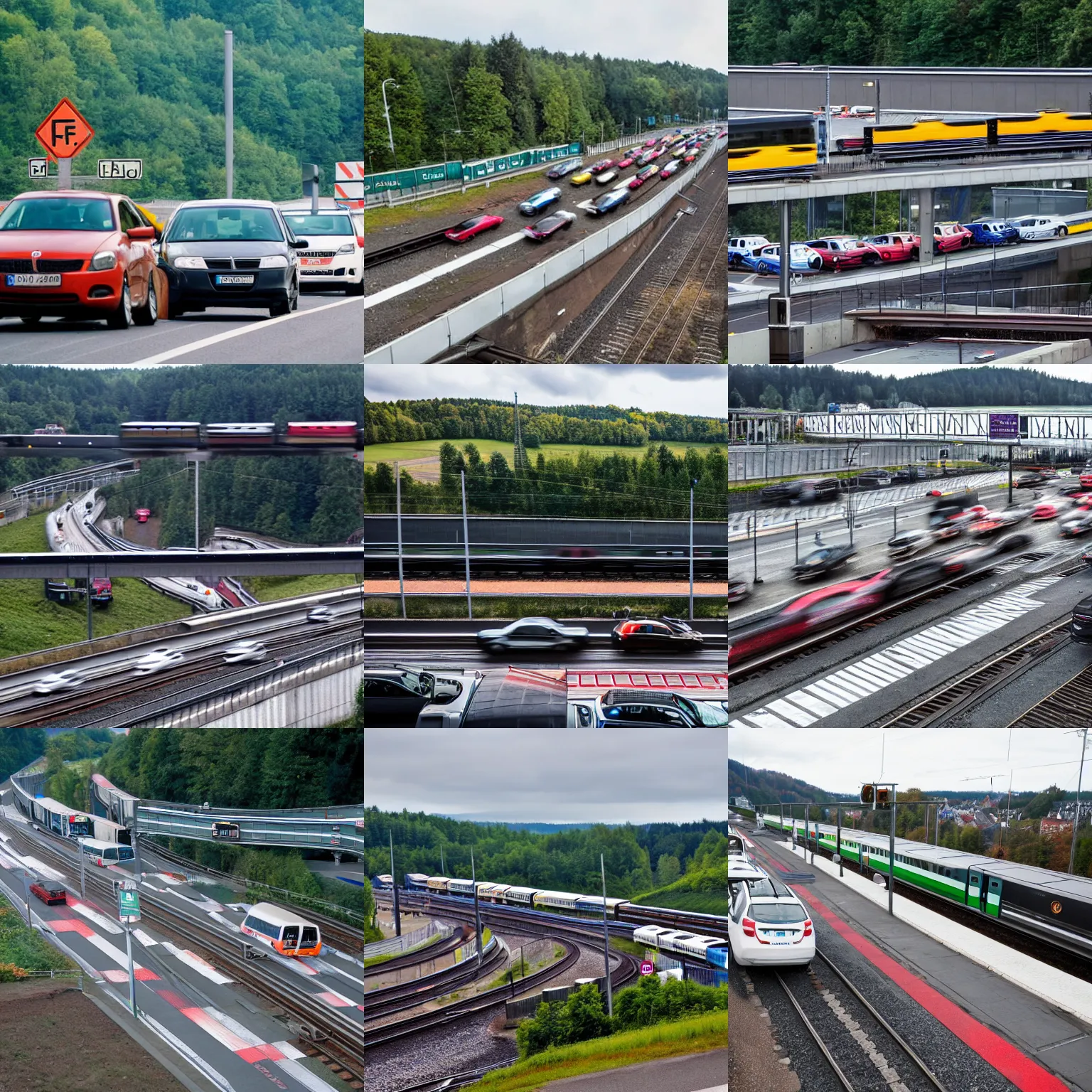 Prompt: cars waiting for a train to pass at a crossing, on the nurburgring