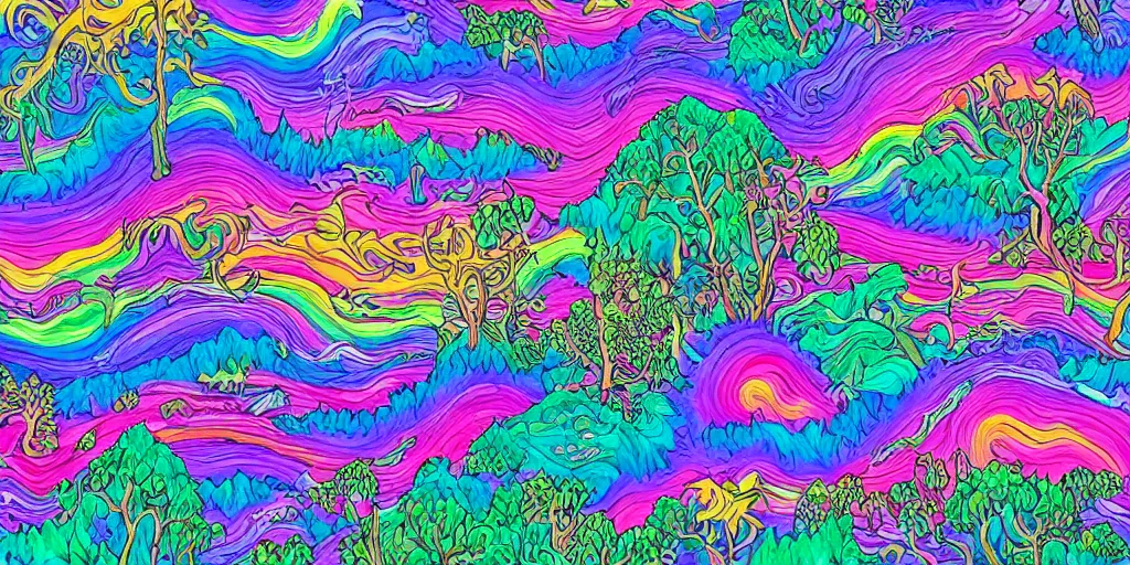 Prompt: Pacific coast forest in the style of Lisa Frank and Alex Grey