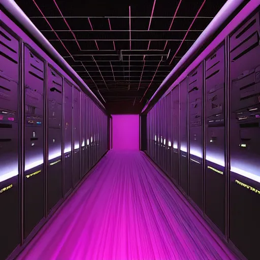 Image similar to synthwave server room, eerie, dark, very dark, movie still