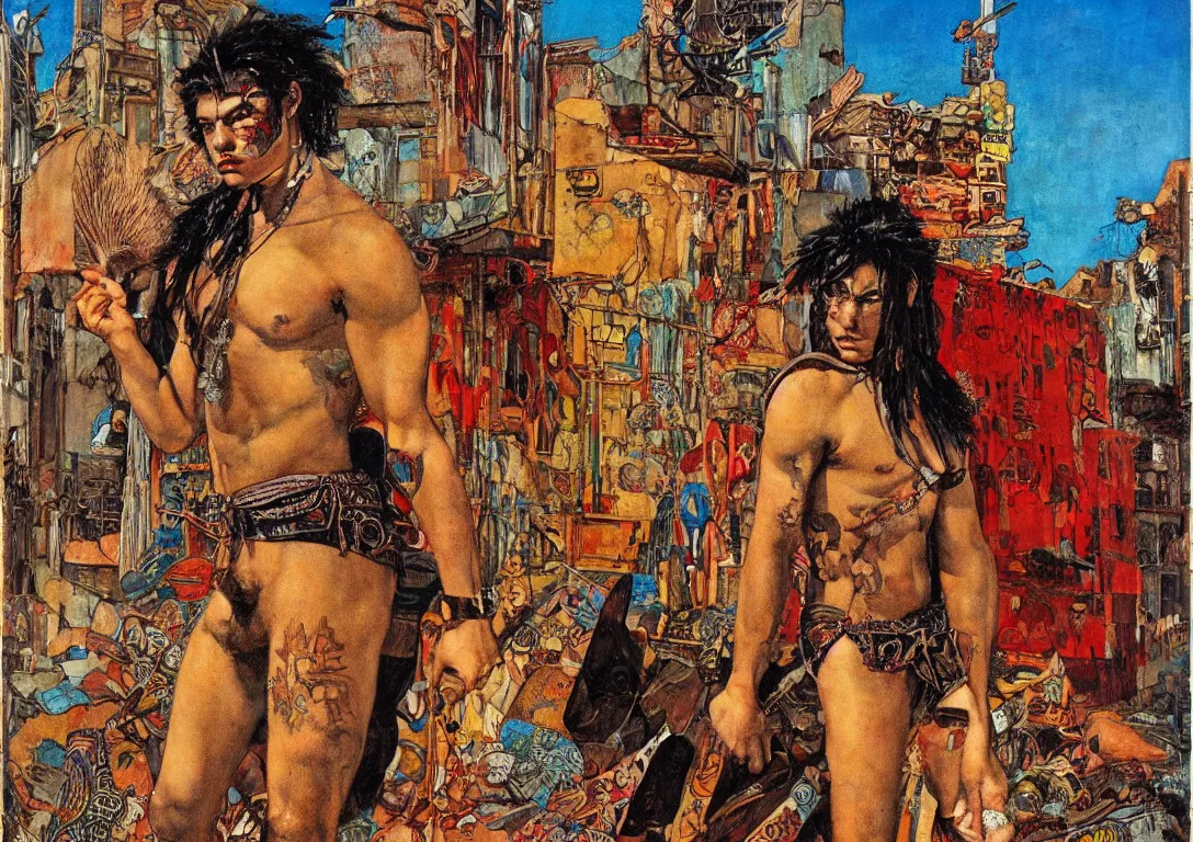 Image similar to a punk polynesian greek god searching through the streets of an abandoned city, sparse detail, complementary color scheme, by george luks, mati klarwein and moebius