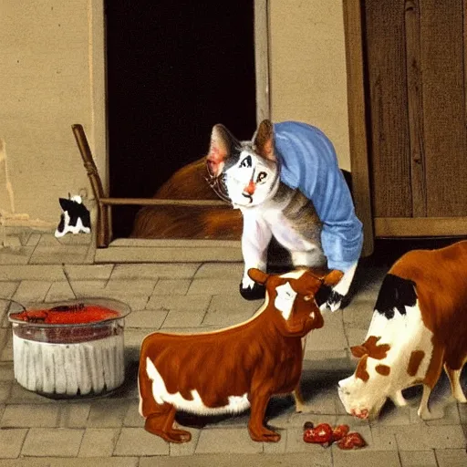 Prompt: butcher giving milk to a cat, while being watched by a cow
