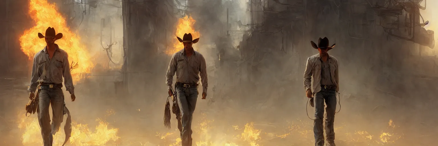 Image similar to Cinematic portrait of Cowboy Redneck Neo from The Matrix walking away from a burning trailer park, highly detailed, digital painting, artstation, concept art, smooth, sharp focus, illustration, art by artgerm and greg rutkowski and alphonse mucha