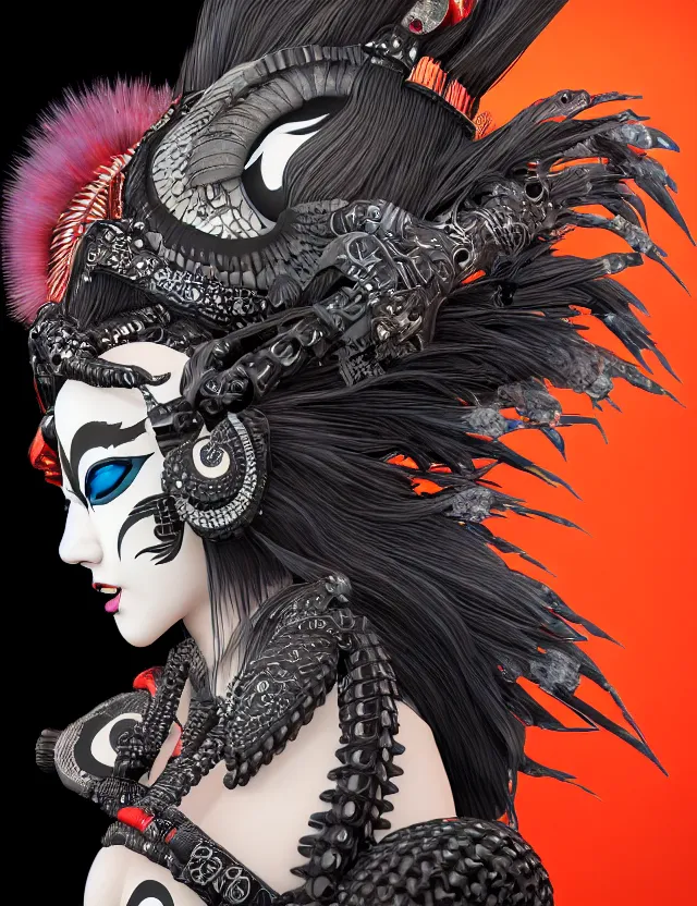 Image similar to 3 d goddess close - up profile portrait punk with mohawk with ram skull. beautiful intricately detailed japanese crow kitsune mask and clasical japanese kimono. betta fish, jellyfish phoenix, bio luminescent, plasma, ice, water, wind, creature, artwork by tooth wu and wlop and beeple and greg rutkowski