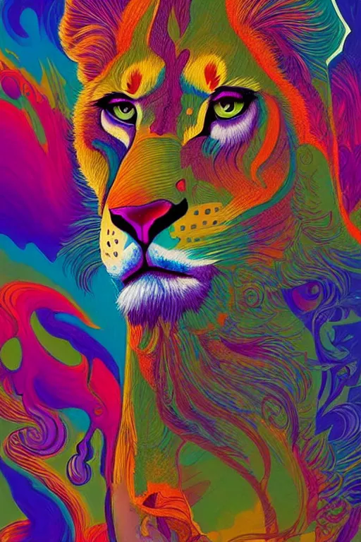 Prompt: An extremely psychedelic abstract illustration of an lioness head on female body , colorful, surreal, dramatic lighting, side profile, magic mushrooms, psilocybin, LSD, detailed, intricate, elegant, highly detailed, digital painting, artstation, concept art, smooth, sharp focus, illustration, art by Krenz Cushart, greg rutkowski and zdzislaw beksinski and alphonse mucha, unreal engine 5 render, 8k