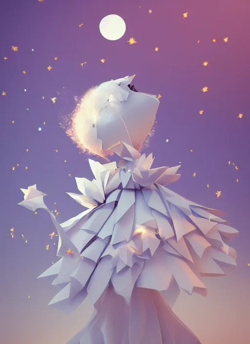 Image similar to background edge of space with puffy clouds are dusk, anthropomorphic paper woman wrapped in a flowing couture tissue paper, paper chrysanthemums, many origami stars, eery light, 3 d, very detailed, octane render, trending artstation, artgem