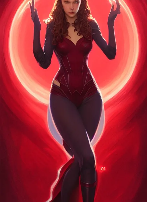 Image similar to Scarlet Witch, full body portrait,slight smile, highly detailed, digital painting, artstation, concept art, sharp focus, illustration, art by wlop and J. C. Leyendecker and Edmund Bliar Leighton and Charlie Bowater