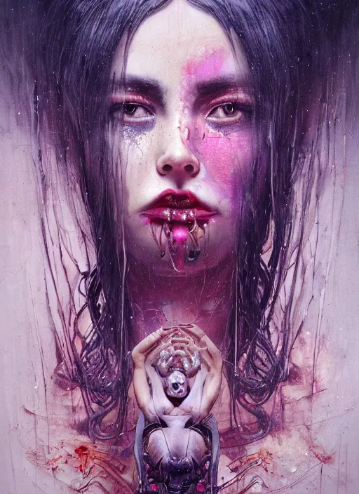 Image similar to dream portrait of a succubus in a dark ancient attic room, melting ,8k,by tristan eaton,Stanley Artgermm,Tom Bagshaw,Greg Rutkowski,Carne Griffiths, Ayami Kojima, Beksinski, Giger,trending on DeviantArt,face enhance,hyper detailed,minimalist,cybernetic, android, blade runner,full of colour