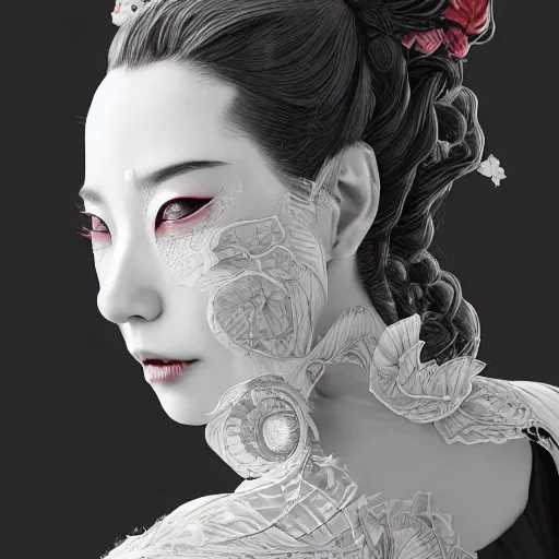 Image similar to the portrait of the japanese beauty evil alignment personified as an absurdly beautiful, graceful, elegant, sophisticated, young woman, an ultrafine hyperdetailed illustration by kim jung gi, irakli nadar, intricate linework, bright colors, octopath traveler, final fantasy, unreal engine 5 highly rendered, global illumination, radiant light, detailed and intricate environment