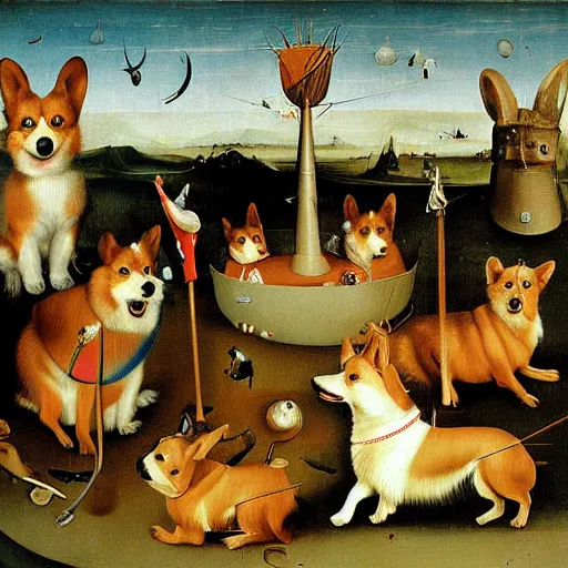 Image similar to highly detailed surreal painting of corgis by hieronymus bosch