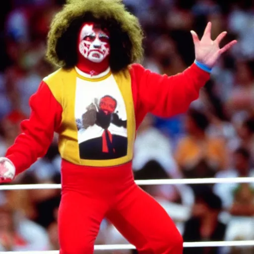 Image similar to Ronald McDonald as a wrestler in WWE, 1990