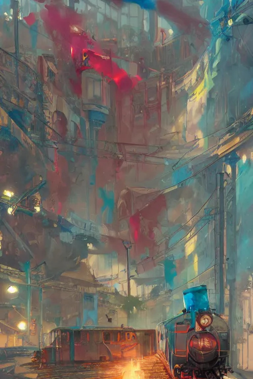 Prompt: trains covered colorful graffiti with paint drip, greg rutkowski, and moebius and loish and artgerm, painterly, illustration, backlit, beautiful artist rendering, gorgeous, masterpiece