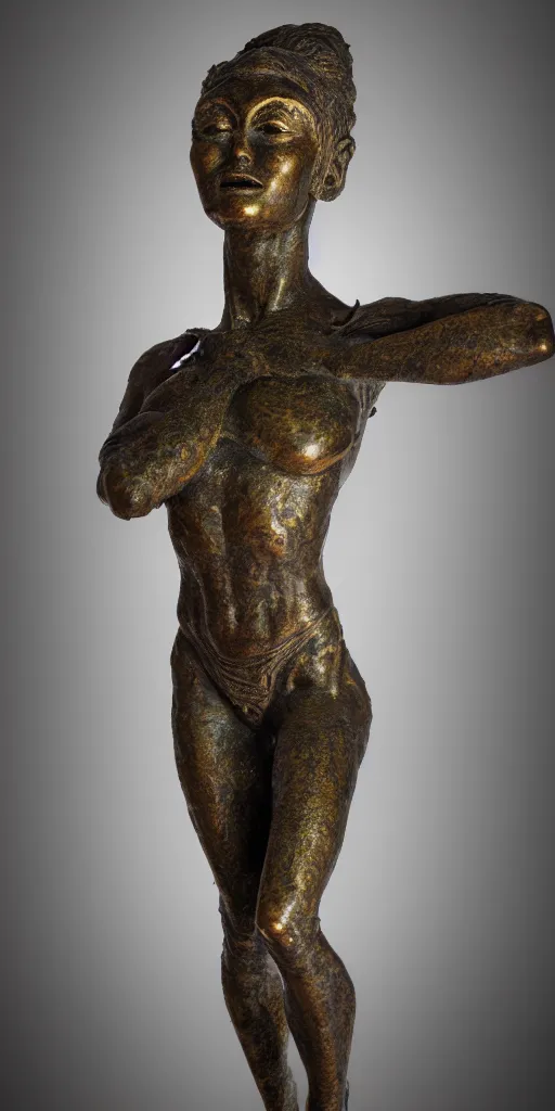 Prompt: detailed photo of old bronze patina statue of most beautiful alien woman, full body portrait, various bending poses, photorealism, intricate detail, museum diffuse lighting