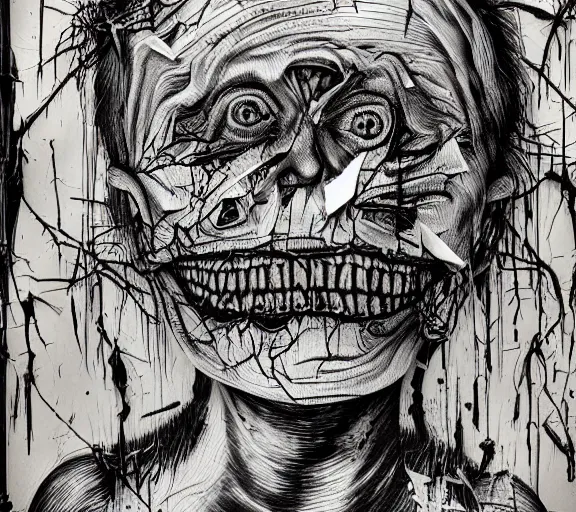 Prompt: face shredded like newspapers peeling scream, dark, surreal, highly detailed horror