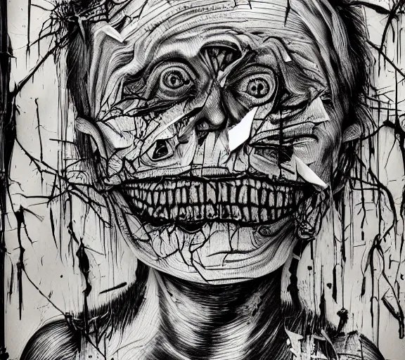 prompthunt: multiple faces shredded like paper news scared, dark horror,  surreal, drawing, painting