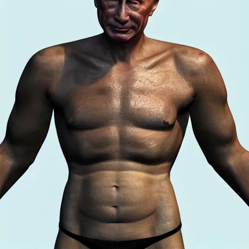 Image similar to Detailed image of Vladimir Putin full-length, slug-like, with detailed face, 8k game style, wearing only pants, bare torso, his body is old and ugly with sagging old skin