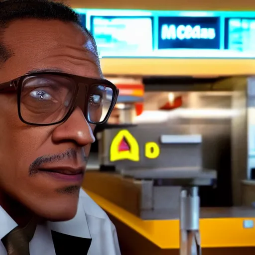 Prompt: Gustavo Fring from breaking bad working at MC Donalds, realistic, photoreal, upclose, portrait, 4k