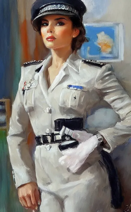 Image similar to Elegant lady in police uniform. By Konstantin Razumov, highly detailded