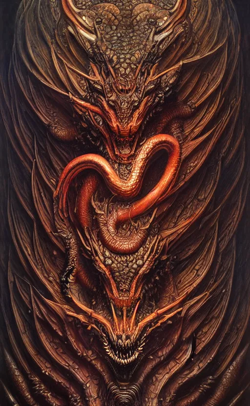 Prompt: a chthonic dragon art by Daniel Dos Santos, Ayami Kojima, Beksinski, Giger, intricate colourfully painted carved wood paneling, dark souls, ivory and copper , artstation