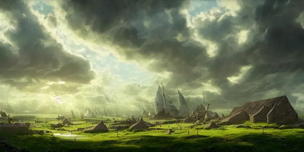 Prompt: beautiful viking city made from wood, green fields, sea, magic, gorgeous clouds, white marble, god rays, digital art, landscape, fantasy art, octane render, ureal engine, high detail, very realistic, by greg rutkowski. by james gurney