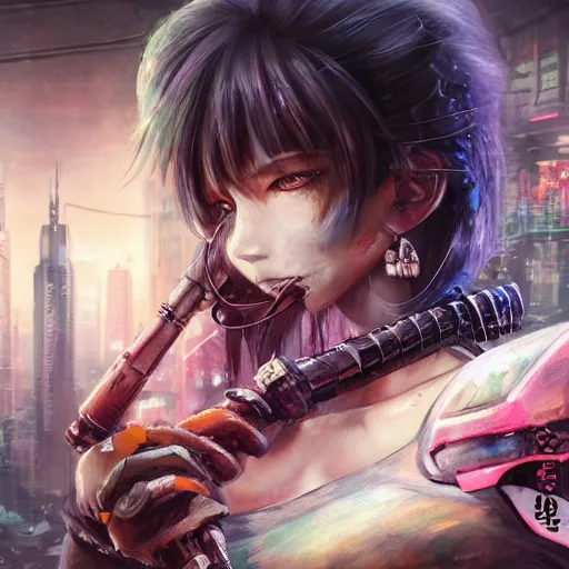 Prompt: dynamic composition, motion, ultra-detailed, incredibly detailed, a lot of details, amazing fine details and brush strokes, colorful and grayish palette, smooth, HD semirealistic anime CG concept art digital painting, watercolor oil painting of Clean and detailed post-cyberpunk sci-fi close-up cyborg vampire girl in asian city in style of cytus and deemo, blue flame, relaxing, calm and mysterious vibes,, by a Chinese artist at ArtStation, by Huang Guangjian, Fenghua Zhong, Ruan Jia, Xin Jin and Wei Chang. Realistic artwork of a Chinese videogame, gradients, gentle an harmonic grayish colors. set in half-life 2, Matrix, GITS, Blade Runner, Neotokyo Source, Syndicate(2012), dynamic composition, beautiful with eerie vibes, very inspirational, very stylish, with gradients, surrealistic, dystopia, postapocalyptic vibes, depth of field, mist, rich cinematic atmosphere, perfect digital art, mystical journey in strange world