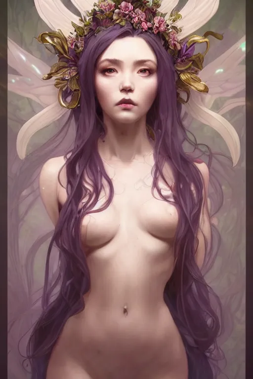 Image similar to character concept art portrait, magnolia mage, a seductive nature goddess in the style of artgerm, wlop, greg rutkowski, alphonse mucha and ayami kojima, realistic details, volumetric lighting, very very very very beautiful symmetrical face, trending on artstation, artstationhd, artstationhq, unreal engine, 4 k, 8 k