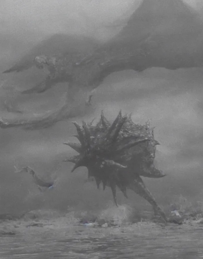 Image similar to a filmstill of a north korean monster movie, kaiju - eiga monster starfish - like trampling a traditional korean palace, foggy, film noir, video compression