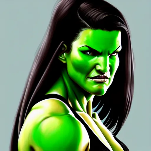 Prompt: beautiful Gina Carano skinny She Hulk green skin, symmetrical, middle shot, portrait, highly detailed, digital painting, artstation, concept art, smooth, sharp focus, illustration