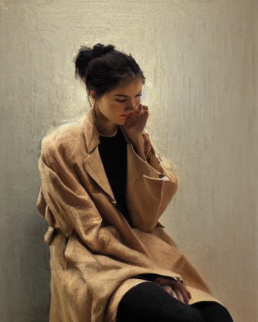 Image similar to a ultradetailed beautiful panting of a stylish woman sitting on the floor in a tiled room, she is wearing an oversized jacket, night time, highly detailed face, oil painting, by ruan jia